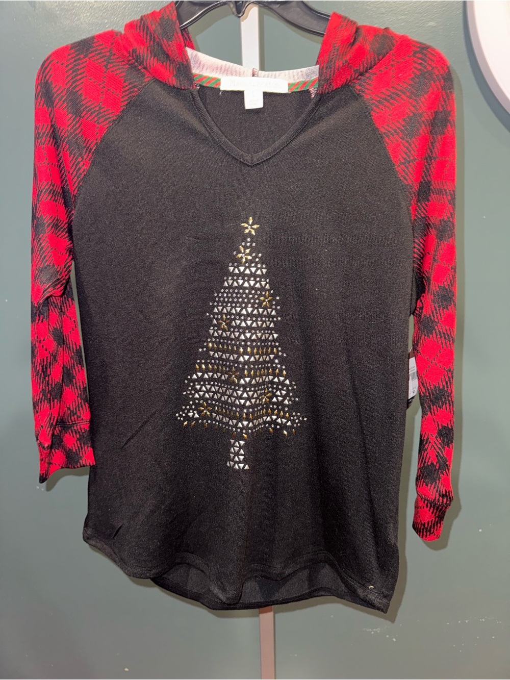 Black Holiday Tree Pullover with Red Plaid Sleeves